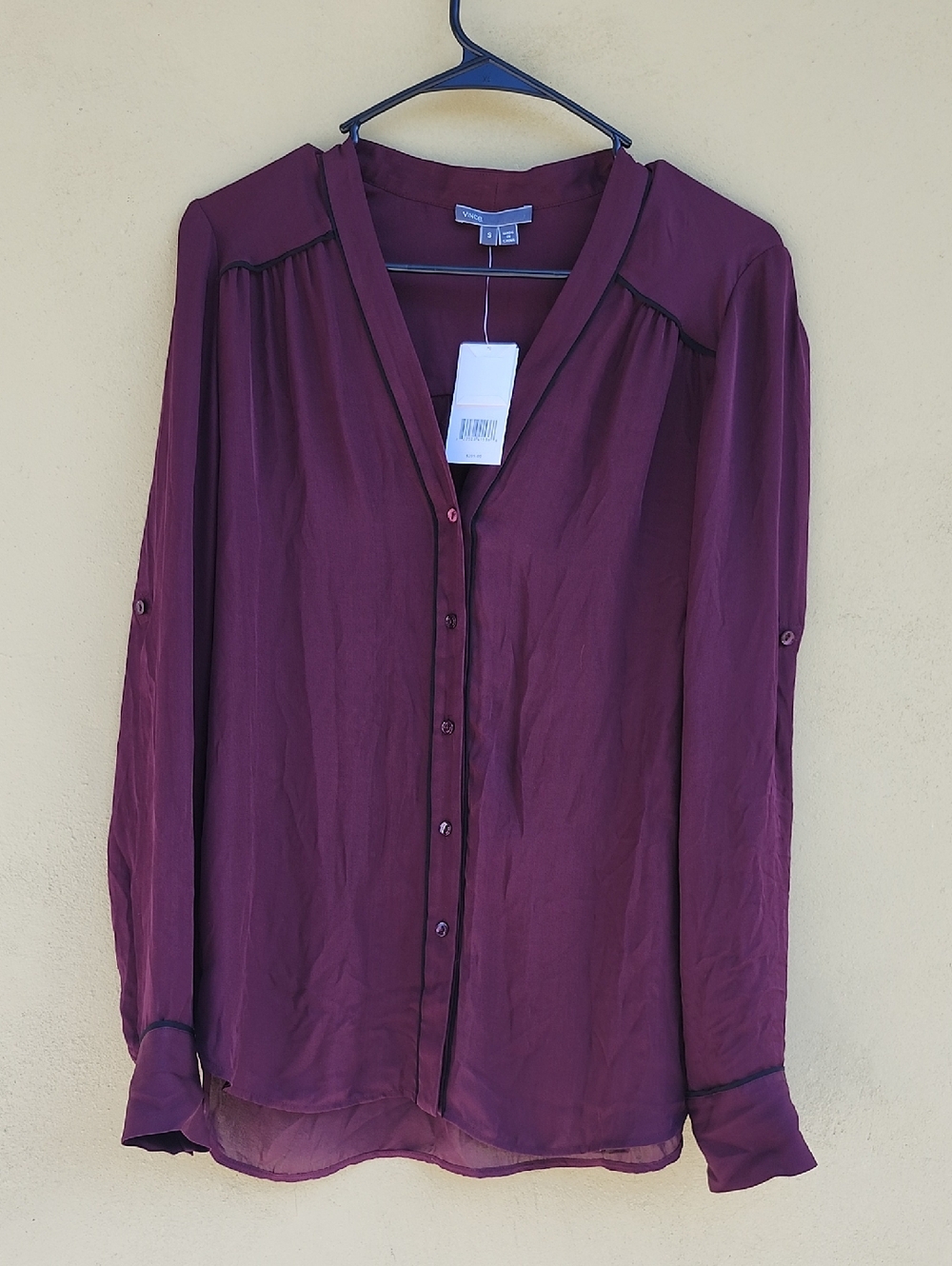 Vince 100% Silk Burgundy Plum Button-Front V-Neck Blouse